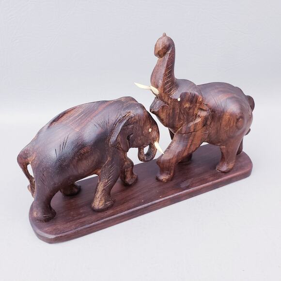 Vintage Carved Wooden Wood Elephant Figurine Statue of Two Elephants w/ Tusks